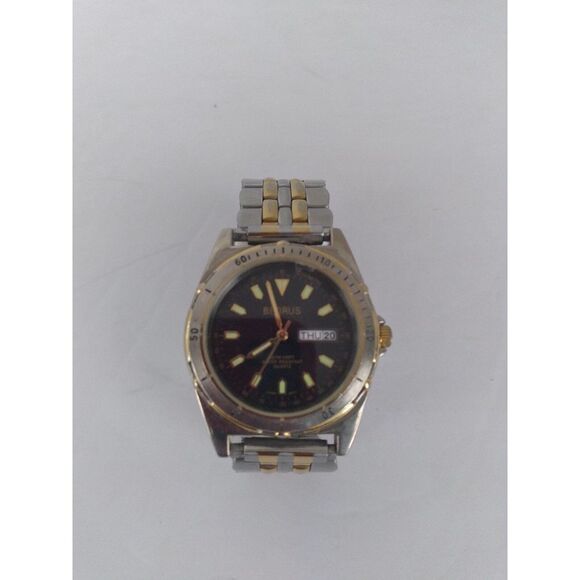 Vintage Two-Tone Stainless Steel Watch with Day-Date Display Black Dial Markers - Picture 1 of 4